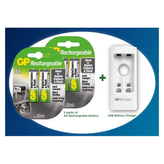 Picture of GP 2 Packs of AA Rechargeable Battery and USB Battery Charger, GPBATCHAR0521