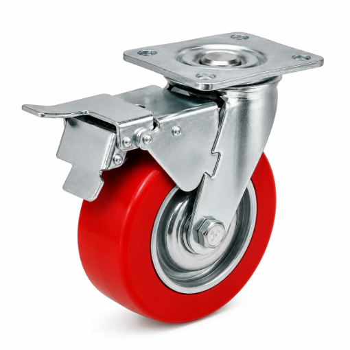 Picture of 4" Heavy-Duty Swivel Caster Wheel with Brake (Red PU Wheel),  Swivel with Lock and W/o Lock